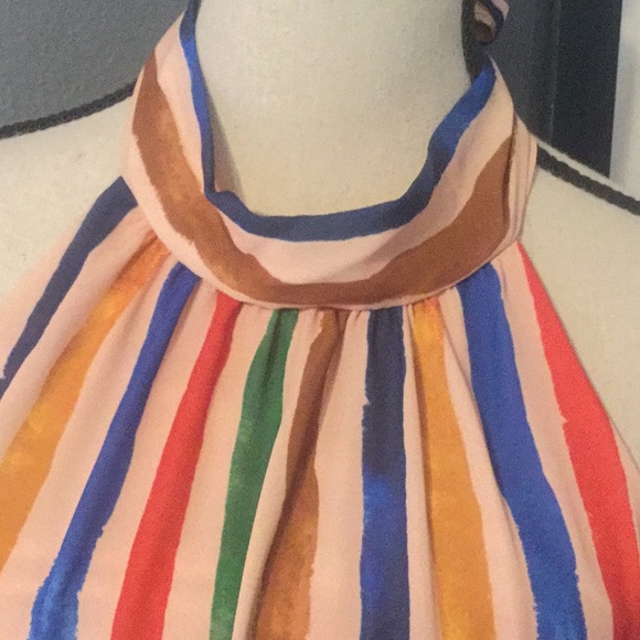 ❌DONATED❌Tan Blue Multicolor Stripe Halter Lined Maxi Dress - Picture 3 of 9